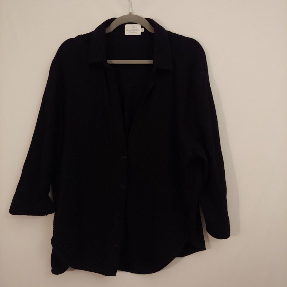 The Handloom womens oversize comfy black button soft gauzy shirt one size